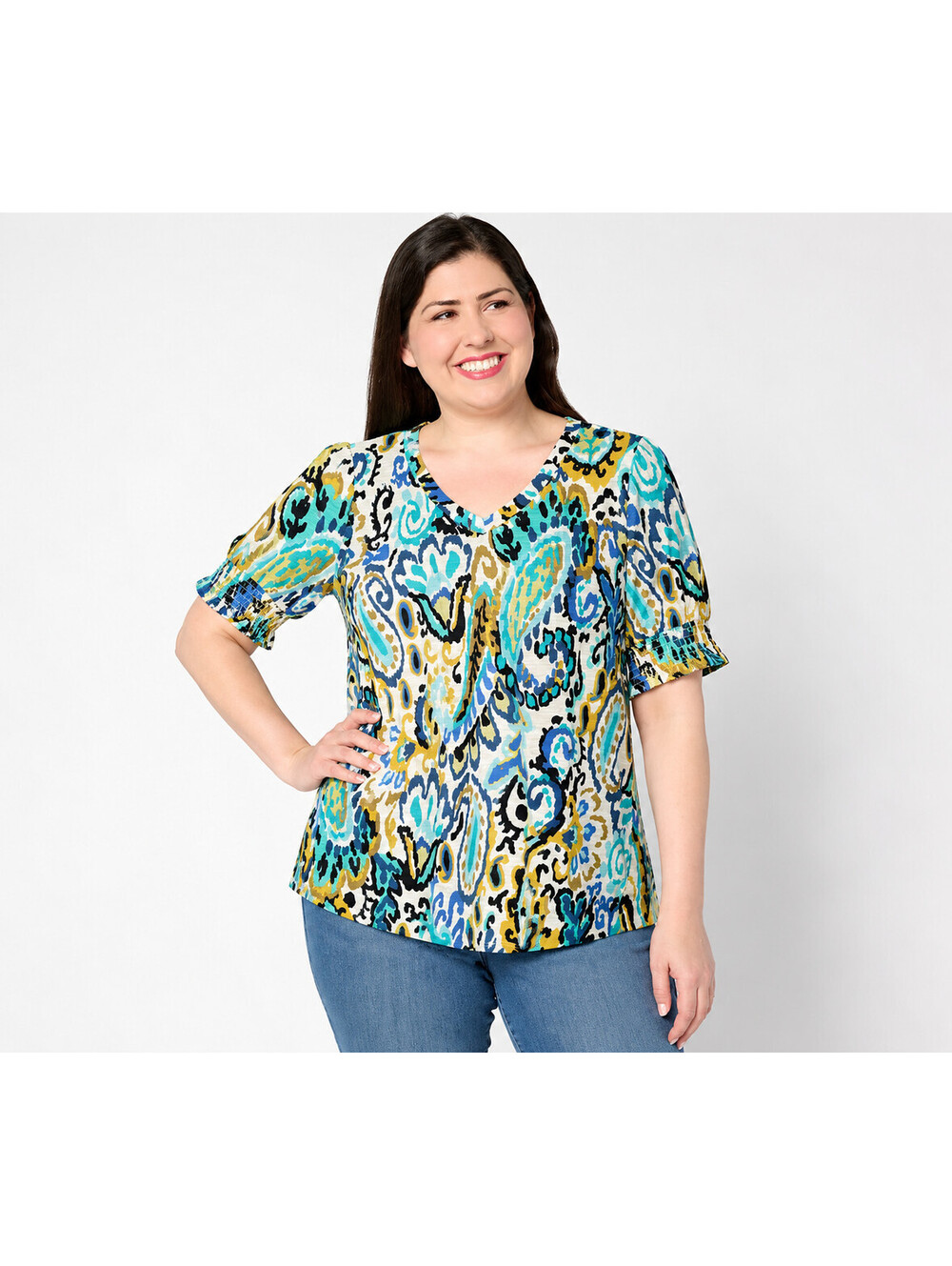Belle by Kim Gravel Slub Knit Paisley Perfection Tops Santcrini Blue, X-Small